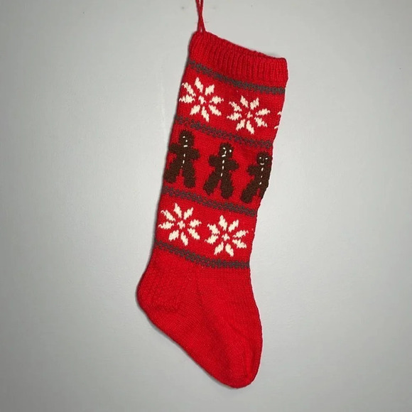 HANDKNIT Wool Christmas Stocking Red Gingerbread Men Snowflakes Large Capacity - Picture 2 of 5